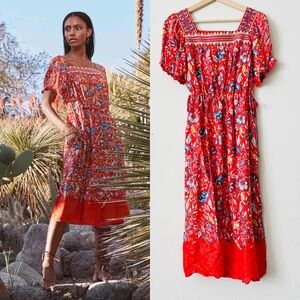 Johnny Was Red Floral Midi Dress